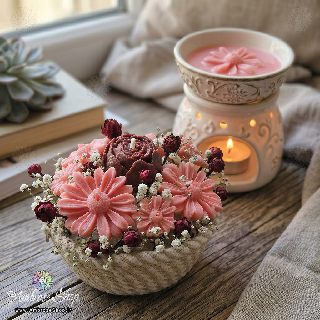 شمع باکس گل وکس ملت لوکس پرگل معطر صورتی و زرشکی امبرز شاپ