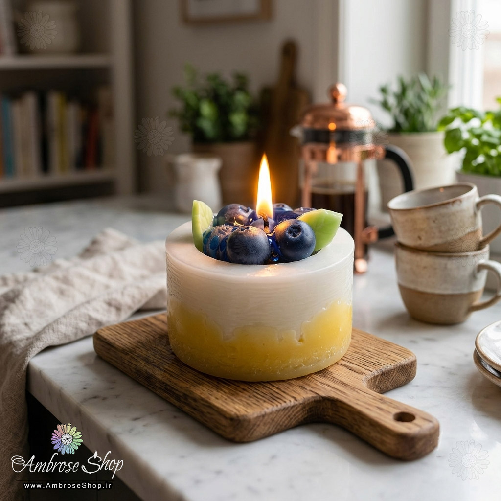 شمع چیزکیک بلوبری معطر بدون ظرف فانتزی طرح دسر امبرز شاپ