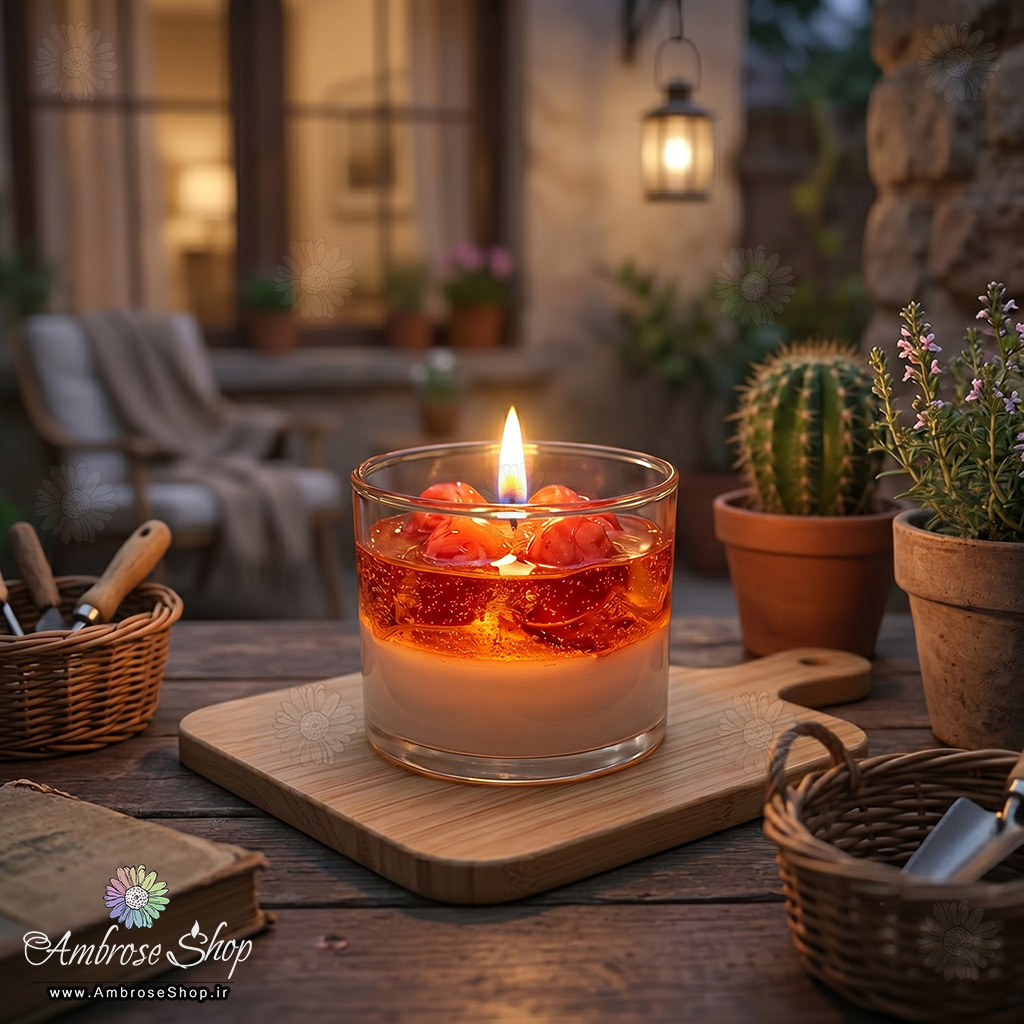 شمع دسر توت فرنگی معطر ژله ای ظرف شیشه ای استوانه ای فانتزی طرح دسر امبرز شاپ