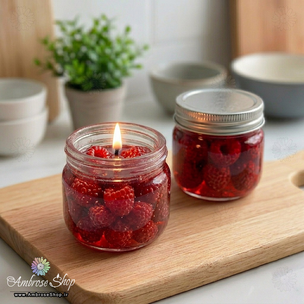 شمع مربای تمشک معطر ژله ای سرخ شفاف ظرف شیشه ای درب دار فانتزی دکوری امبرز شاپ