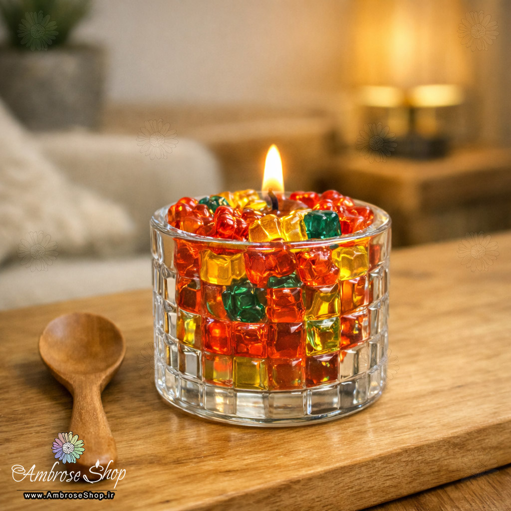 شمع پاستیل کلاسیک ژله ای چند رنگ ظرف کریستالی فانتزی دکوری امبرز شاپ